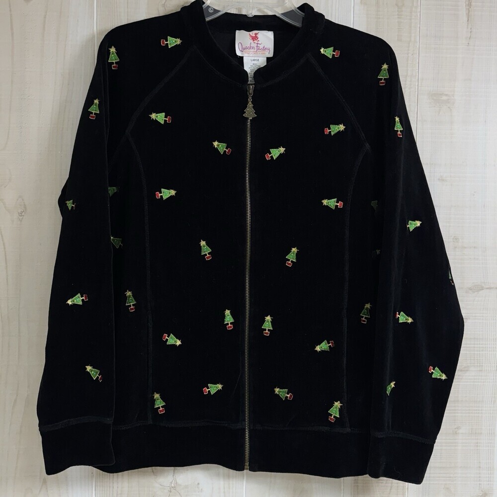 Quacker Factory Jacket Womens Black Velour Embroidered Rhinestone Full Zip Large